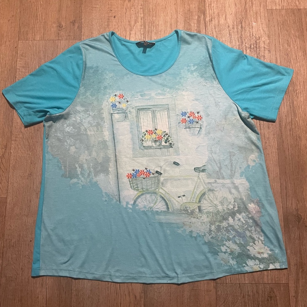 Ulla Popken Plus Size Blue Bicycle Window Graphic Tee Shirt